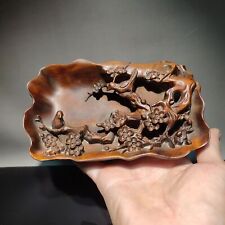 6" Carved Wood Decor Plum Blossom Magpie Statue Writing-Brush Washer Calligraphy