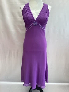 GORGEOUS GINA BACCONI PURPLE FLORAL BEADED PLEATED MIDI EVENING DRESS SIZE 16 - Picture 1 of 19