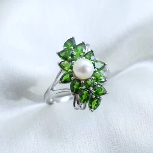Sterlingsilber Zuchtperle & Chrom Diopsidenring | Chrom Diopside Cocktail - Bild 1 von 7