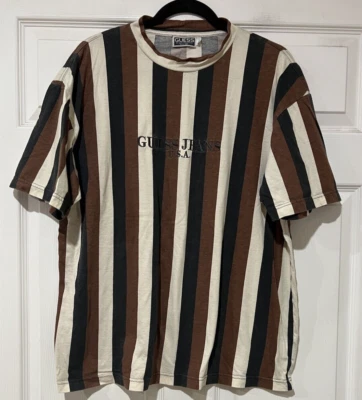 Vintage Guess Men's Medium Brown Black Striped T-Shirt Made USA 90s - Image 1 of 4