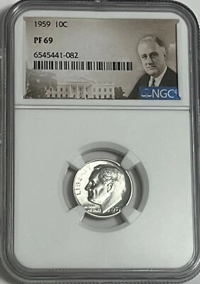 1959 NGC PF69 Proof Dime 90% Silver Franklin D Roosevelt Portrait Label - Image 1 of 3