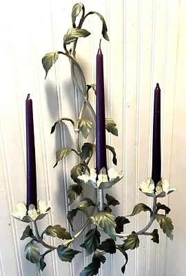 Large Leaf Tole Wall Candle Sconce with 3 Arms, Italian/French? - Image 1 of 4