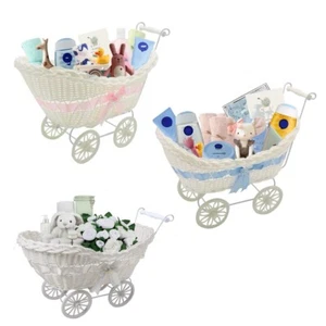 Newborn Boy & Girl Baby Shower Party Gifts Basket Hamper Small Wicker Stroller - Picture 1 of 10