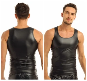 Men's Wet Look PVC Tank Top Sleeveless Bodycon Vest T-shirts Undershirt Clubwear - Picture 1 of 46