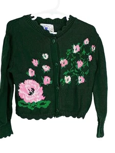 Vintage Hartstrings Green 4T Knit Cardigan With Pink Floral Embroidery Button-Do - Picture 1 of 8