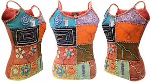 Hippie Boho Algodón Natural Verano Bordado Patchwork Casual Camiseta de Tirantes - Bild 1 von 4