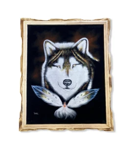 WOLF, Hand Painted, VELVET PAINTING , 18" BY 22" W , FRAME , FEATHERS - Picture 1 of 1