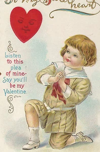 Valentinstag Junge auf Knie Herz mit Gesicht Vintage Postkarte - Bild 1 von 3