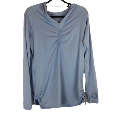 Top con capucha para mujer ExOfficio Sol Cool azul hielo manga larga agujero para el pulgar cremallera bolsillo Foto 1 de 4