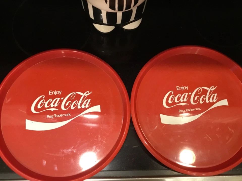 (2) ENJOY COCA COLA TRADEMARK SERVING TRAYS RED/WHITE PLASTIC - Image 1 of 1