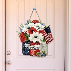 4Th of July Welcome Door Decoration Wooden Patriotic Decor Memorial Day Wreath - Picture 1 of 7