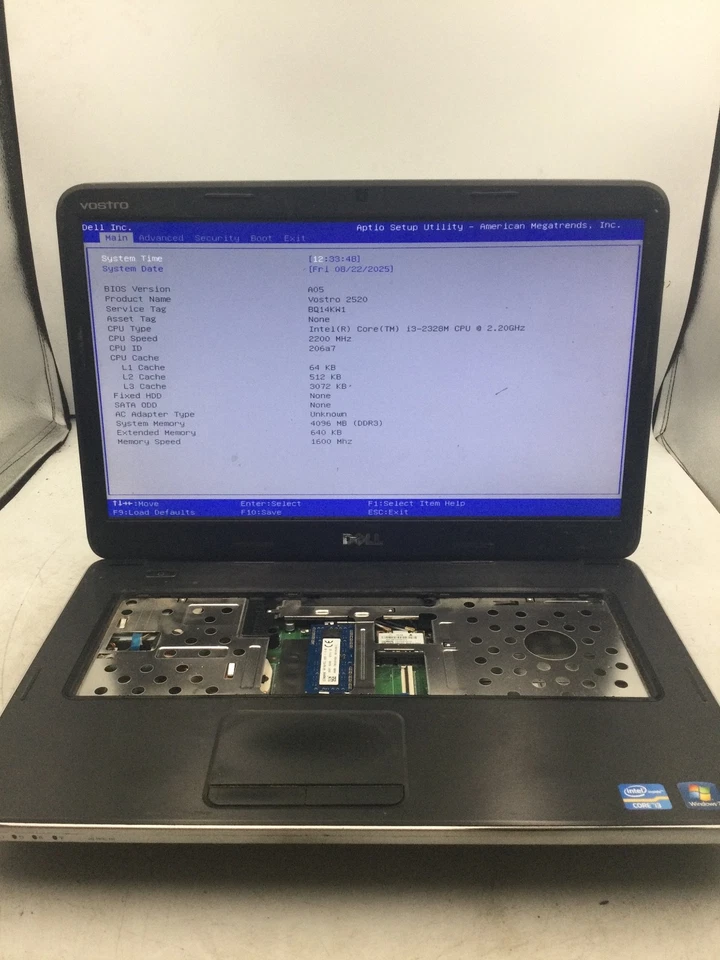 DELL VOSTRO 2520 - BOOTS TO BIOS - INTEL I3 2326M - NO RAM - READ DESC - BB - Image 1 of 4
