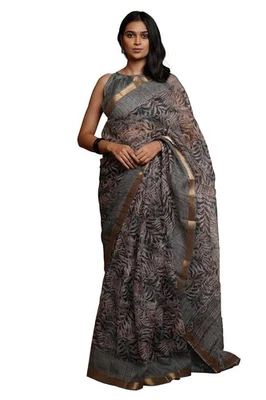 Mujer Kota Doria, Mezcla Poliéster Hoja Floral Estampado Sari con Blusa Pieza Foto 1 de 4