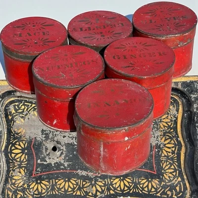 Old Antique 19thC Red Tin Spice Set Box Stencil Painted Canisters Primitive Farm - Image 1 of 4