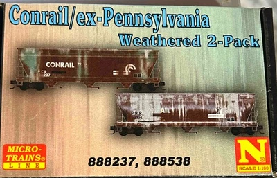New N Scale MTL Conrail ex/Pennsylvania Weathered 3-Bay Cvd Hoppers 2 pack - Image 1 of 3
