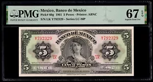 Mexico 1961 - 5 Pesos P#60g - PMG Superb Gem UNC 67 EPQ - Picture 1 of 2