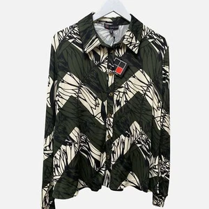 CARRE NOIR Stretch Top XL Womens Button Up Olive Green Print Long Sleeve NWT - Picture 1 of 11