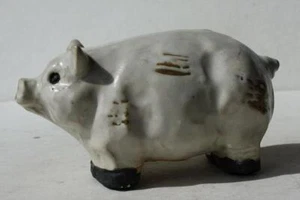 Pig Figurine Clay Ceramic Standing White Hand Painted Very Unusual Heavy Pig Fig - Picture 1 of 1