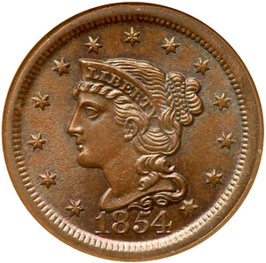1854 N-12 R-2+ NGC MS 65 BN TCC#4 Braided Hair Large Cent Coin 1c - Picture 1 of 3