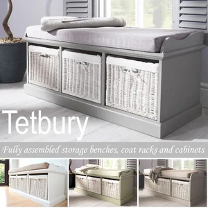 Tetbury Bench with 3 Storage Baskets. Sturdy hallway bench with cushion seat. - Picture 1 of 20