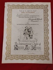 Old Colorado Chapter International Order Of Ragged Ass Miners Club Certificate - Picture 1 of 2