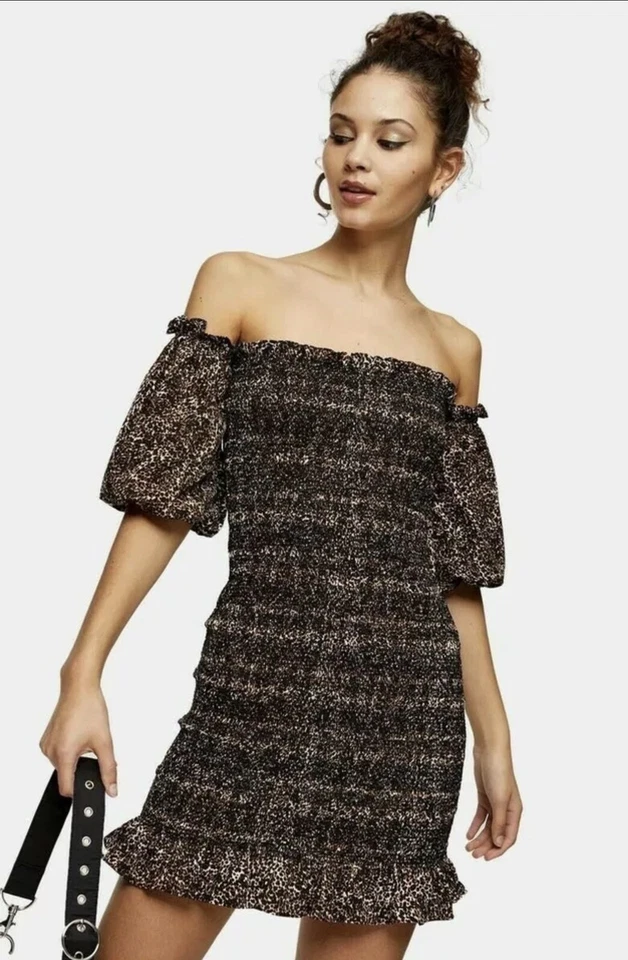 Topshop Leopard Print Off Shoulder Puff Sleeve Smocked Mini Dress Size 12 US