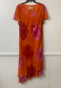 Donna Ricco Silk Maxi Dress 8 – Orange Pink Floral Asymmetrical Hem Boho Resort - Picture 1 of 8