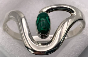 Taxco Sterling Silver Modernist Malachite Hinged Bangle 41.2g - Picture 1 of 11