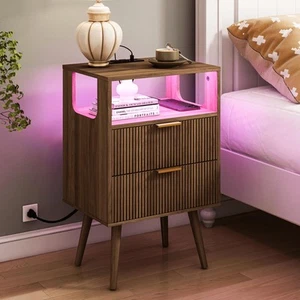 Nightstand with Charging Station and LED Lights,Modern Bedside Table with 2 S... - Picture 1 of 7