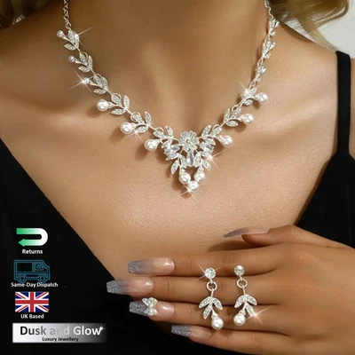 Conjunto de joyas de perlas de imitación para mujeres collar pendientes damas novia regalo de boda Reino Unido Foto 1 de 4
