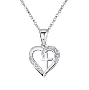 Collar colgante de plata esterlina 925 con corazón cruz circonita cúbica joyería de fe regalo para mujer - Imagen 1 de 4