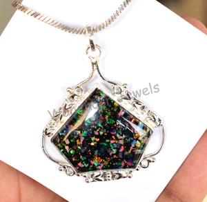 925 Sterling Silver Pendant Sparking Fire Black Opal Designer Handmade Pendant - Picture 1 of 6