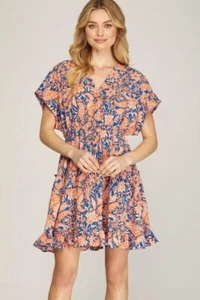 She + Sky Full Size Ruffled Hem Printed Surplice Kimono Sleeve Mini Dress Plus S - Picture 1 of 3