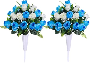 Set of 2 Artificial Cemetery Memorial Day Flowers with White Vase for Gravesite - Picture 1 of 5