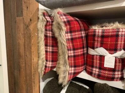 Pottery Barn Christmas pillow Cover Sham plaid red Fur Holiday Gift party mom - Image 1 of 4