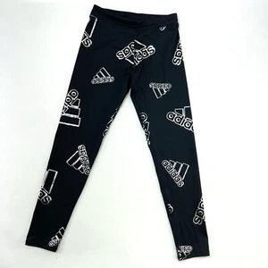 Adidas Ankle Metallic All-Over Logo Athletic Black Leggings Youth Size M 10/12 - Picture 1 of 10