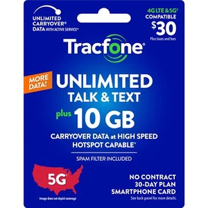 Tracfone 30 $ appels et textos illimités, 10 Go de données / 30 jours (carte physique) - Photo 1 sur 5