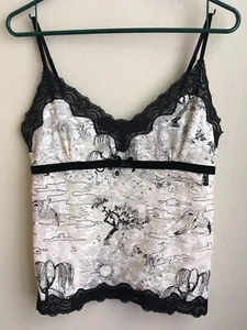 PJ Salvage Ivory + Black Lace/Trim Japanese Print Comfy Stretch Teddy/Camisole L - Picture 1 of 7