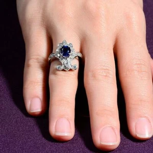 Pure 925 Silver Blue Sapphire & Vivid White Cubic Zirconia Estate Sapphire Ring - Picture 1 of 7