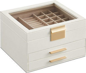 3-Layer Jewelry Organizer Box with 2 Drawers and Glass Lid for Loved Ones White