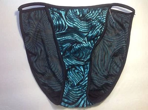 Women Panties,string Bikinis Size Medium Green Velvet&Black Net Striped soft  - Picture 1 of 5
