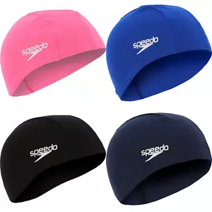SPEEDO JUNIOR POLYESTER SWIMMING CAP FOR KIDS - UNISEX - BLACK PINK BLUE OR NAVY - Picture 1 of 7