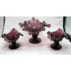 VTG Fenton LG Wright Beaded Amethyst Pedestal Bowl & Matching Candle Holders - Picture 1 of 8