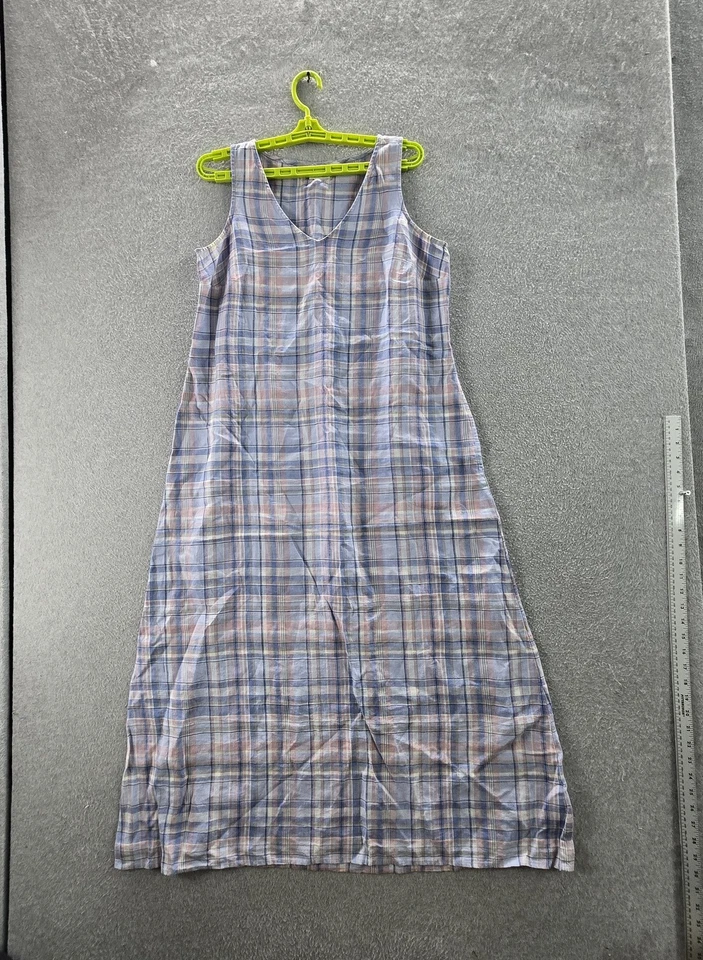 J. Jill 女式连衣裙 S 蓝色亚麻马德拉斯格子 A 字无袖 Maxi Coastal — 第 1/4 张图片