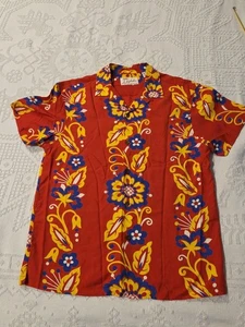 Kahala Button Down Shirt Unisex Medium Print Hawaiian Classic Floral RedGoldBlue - Picture 1 of 6