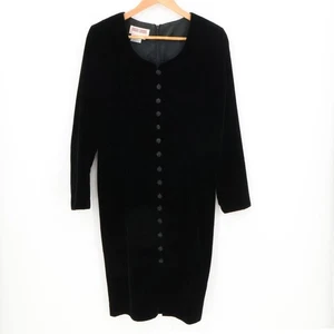 Vtg 90s Maggy London Velvet Black Button Front Midi Dress Emo Elegant Size 8P - Picture 1 of 9