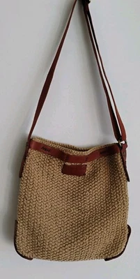 Lucky Brand Woven Jute Brown Leather Festival Boho Hobo Shoulder Bag  - Image 1 of 4
