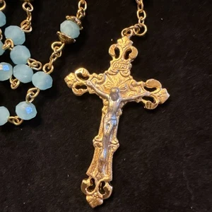 Vintage Rosary Light Blue Faceted Beads Ornate 24” Loop  18.5” Length (Lot# 543) - Picture 1 of 8