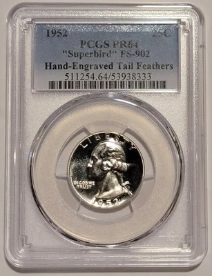 1952 Proof Quarter "Superbird" FS-902 with Hand-Engraved Tail Feathers PCGS PR64 - Image 1 of 4