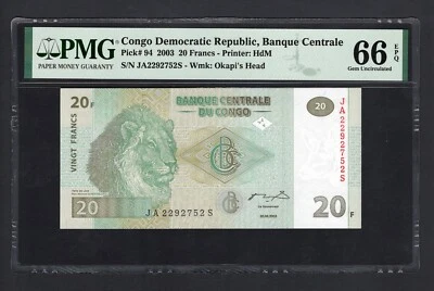 Congo Democratic 20 Francs 30-6-2003 P94 Uncirculated Graded 66 - Image 1 of 2